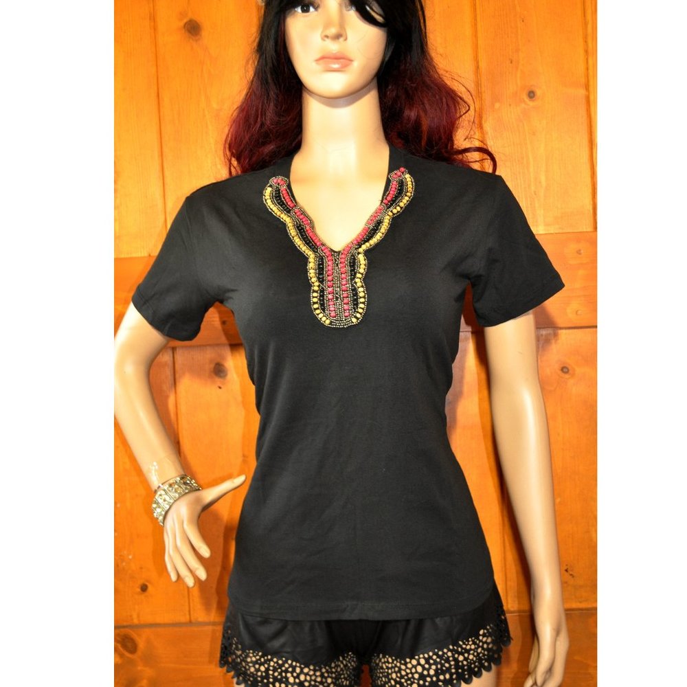Women's Multi Color Pearls beaded V-Neck shirt Short Sleeve